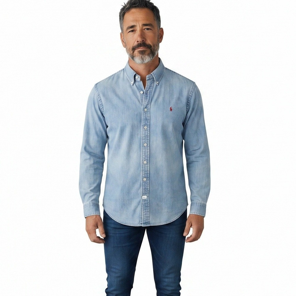 Vintage Ralph Lauren Mens Light Wash Denim Button Down Shirt Blue Large L